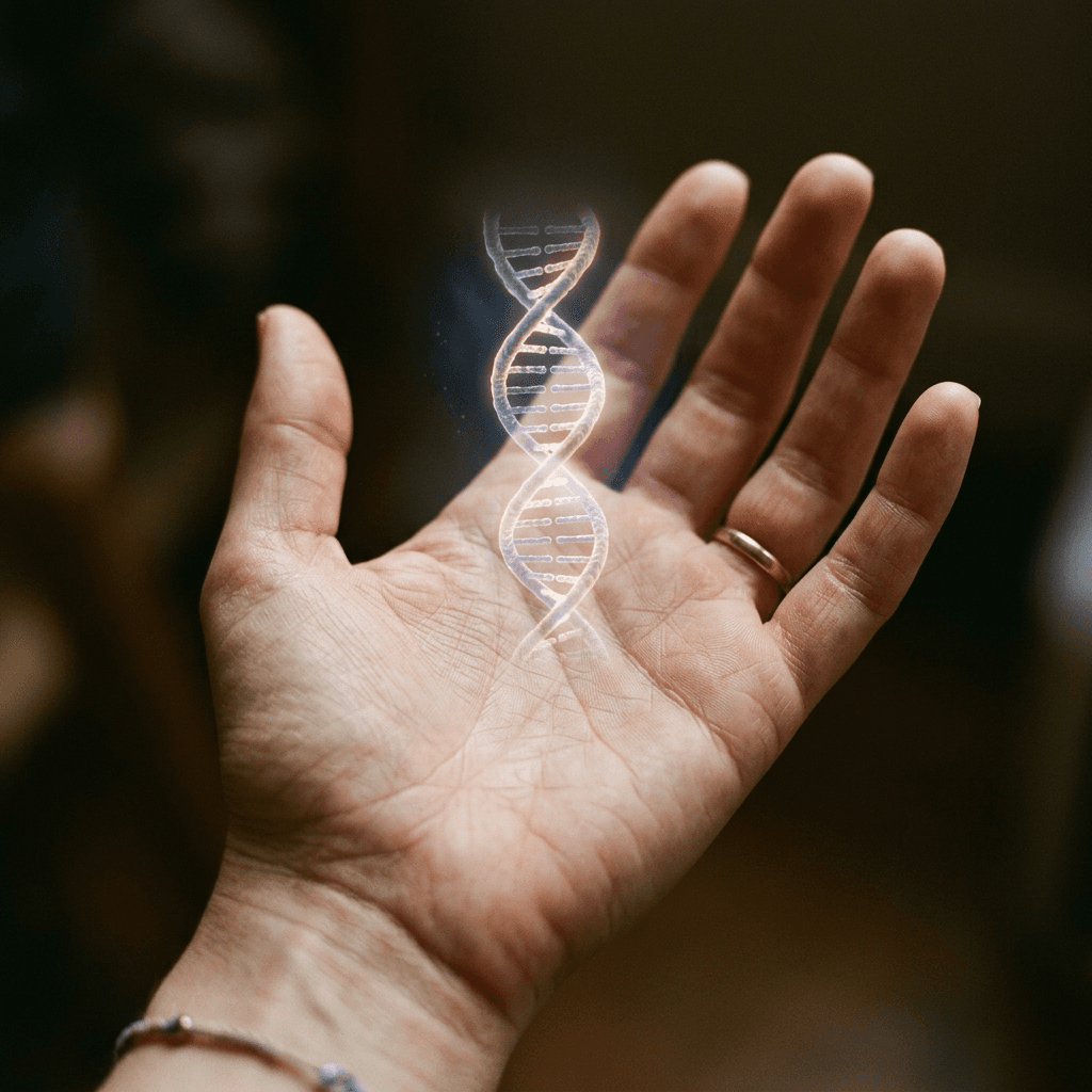Glowing DNA over human palm