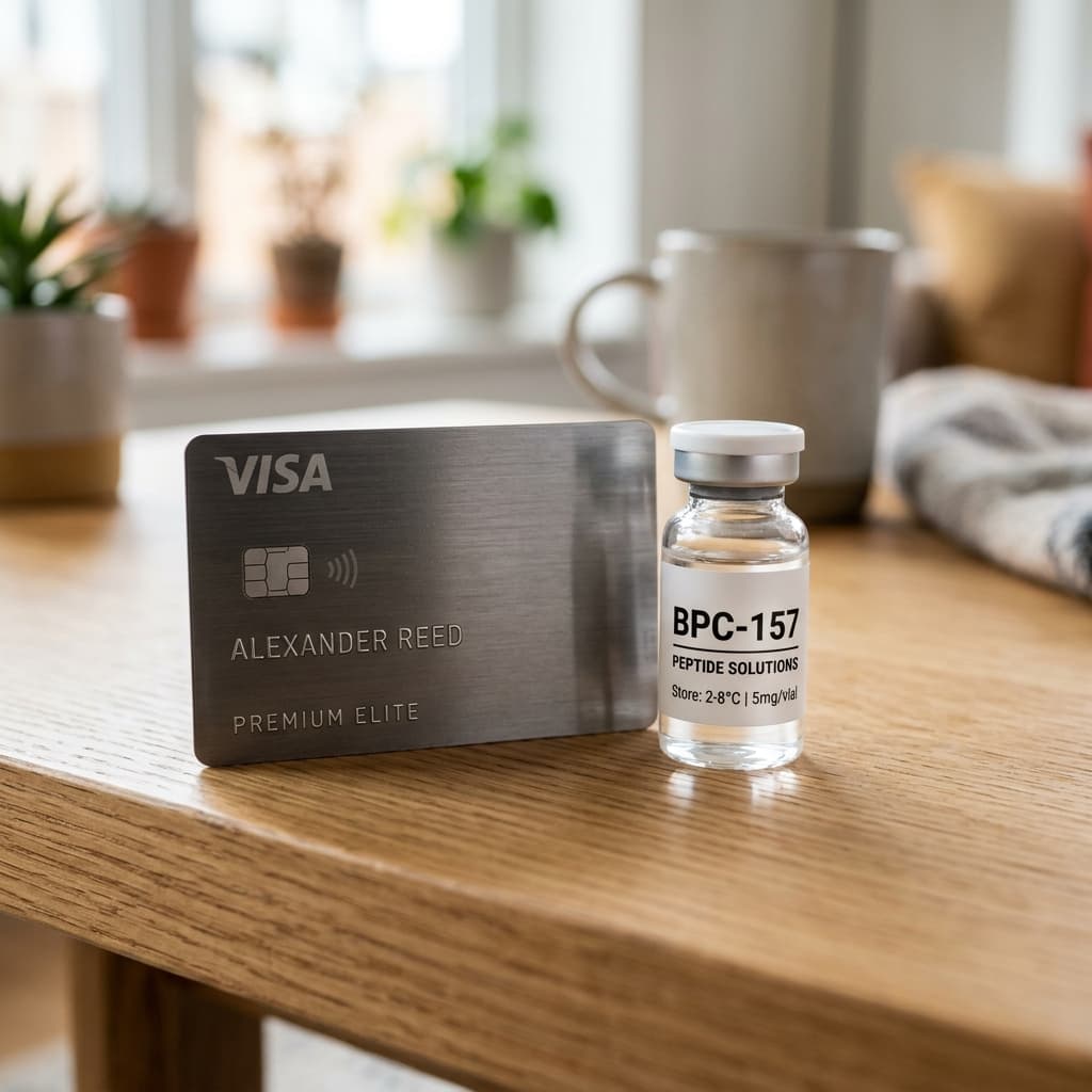 Credit card next to a BPC-157 vial