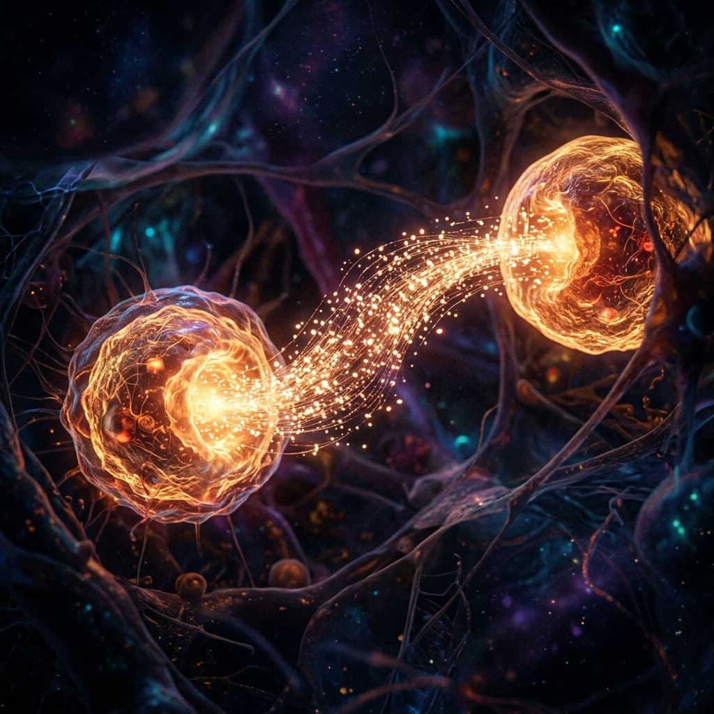 Glowing message bubbles passing between cells