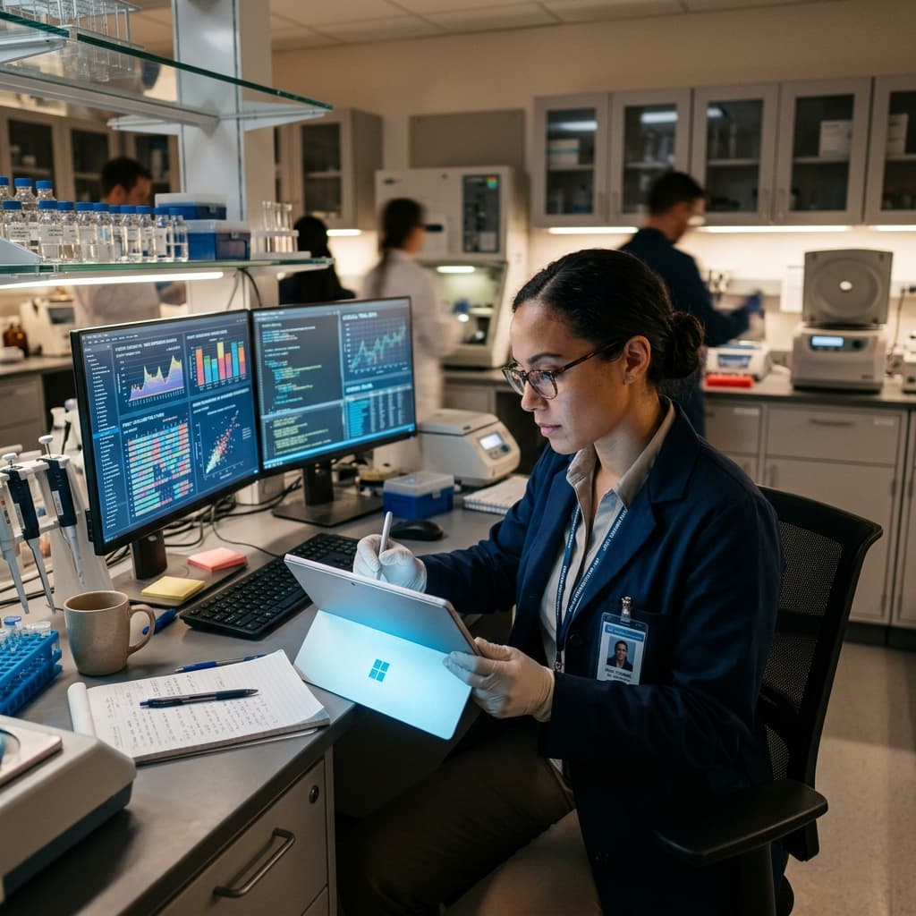 Medical researcher analyzing clinical data on tablet
