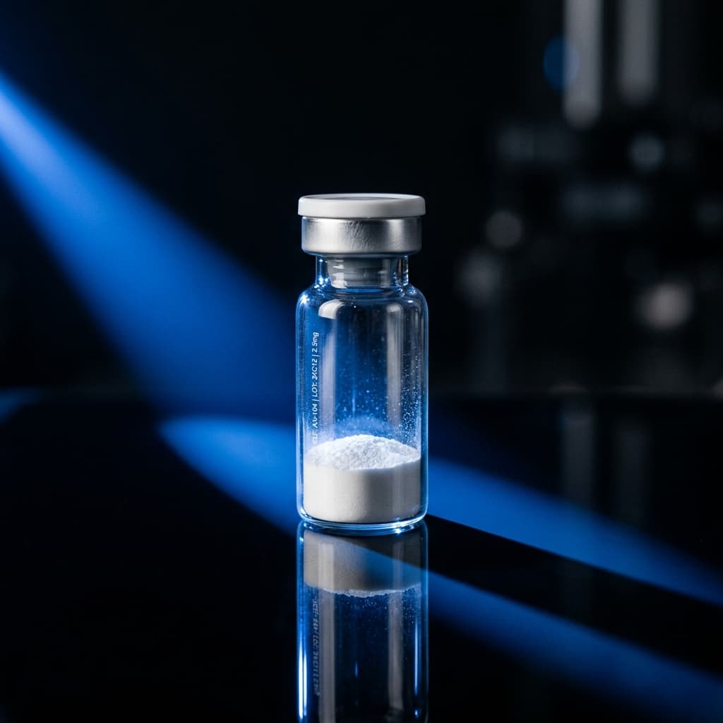 Dramatic studio shot of a glass vial filled 25% with white powder