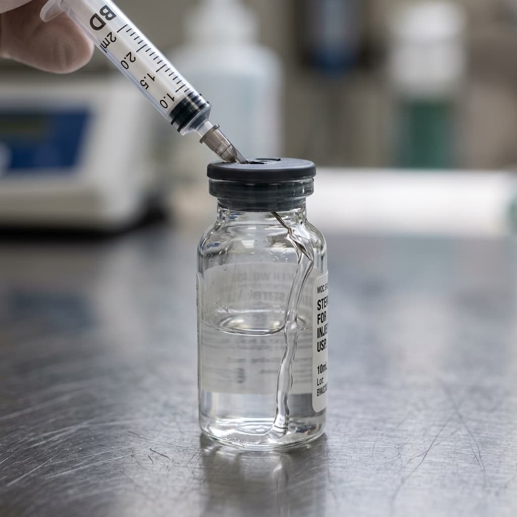 Syringe piercing vial stopper at sharp diagonal slant