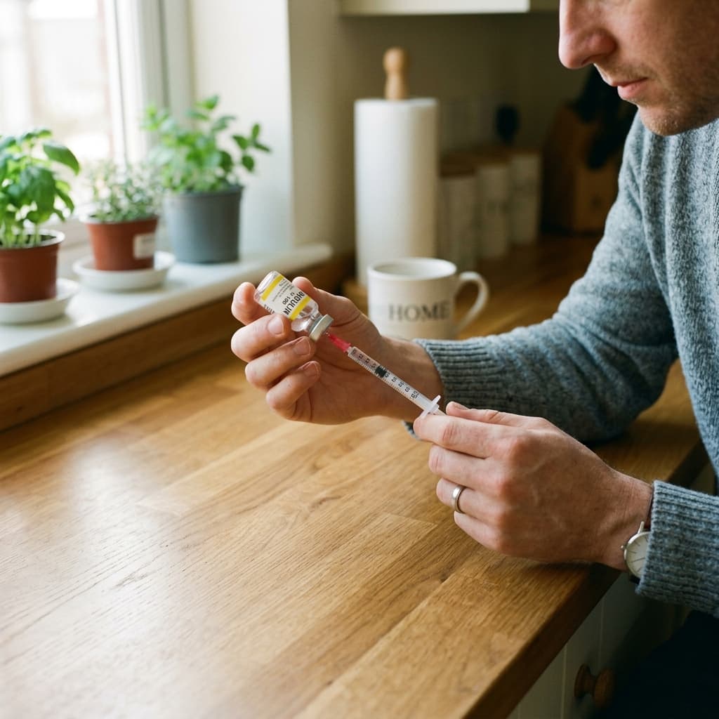 Casual bare hands drawing liquid from vial in cozy kitchen