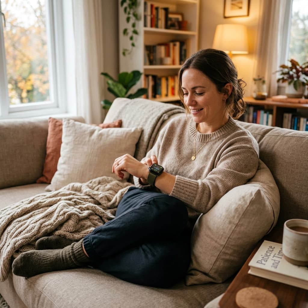 Person relaxing on a sofa looking at their smartwatch