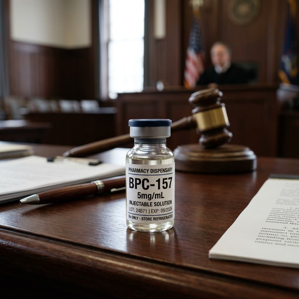 BPC-157 vial sitting next to a judge gavel