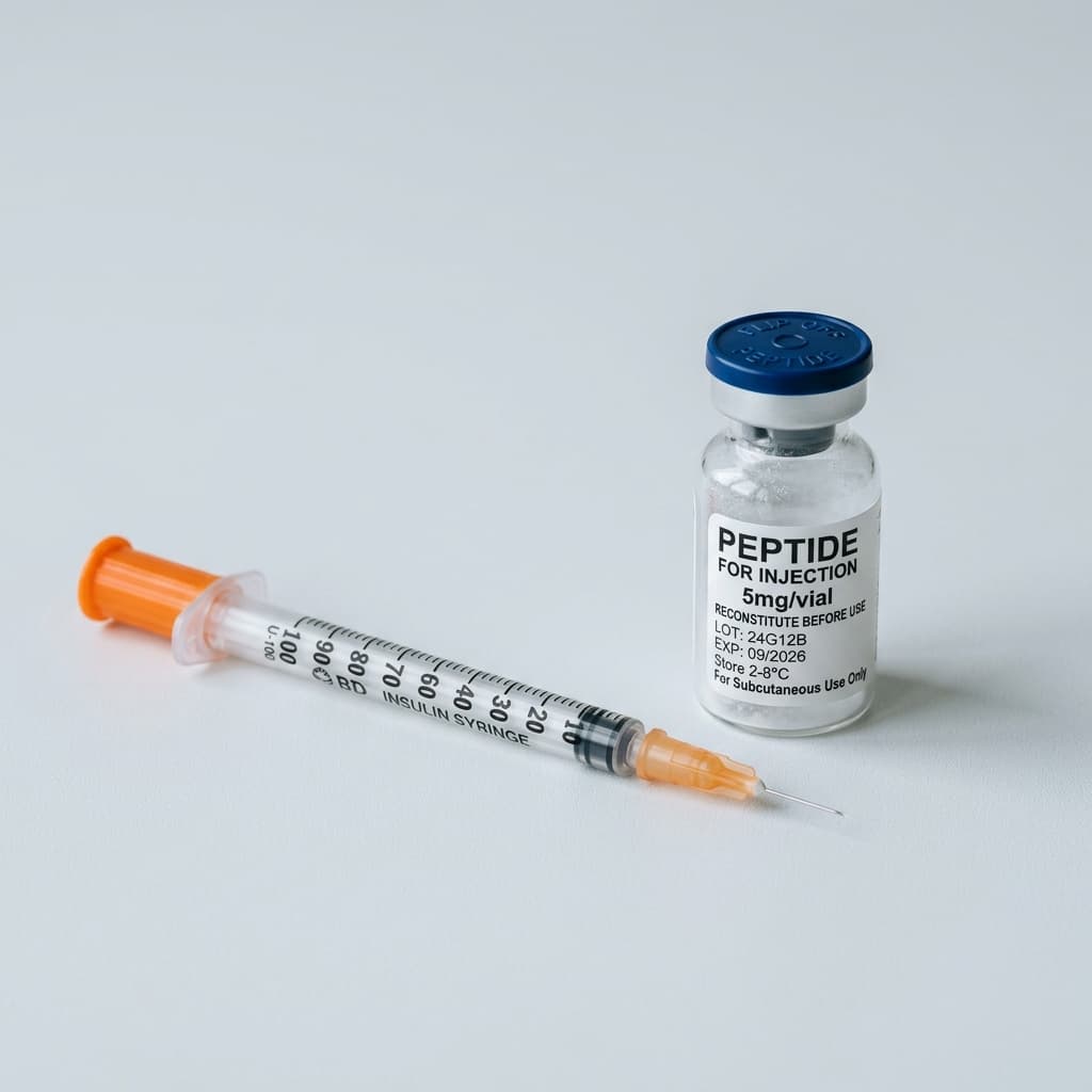 Hand holding insulin syringe beside a reconstituted peptide vial